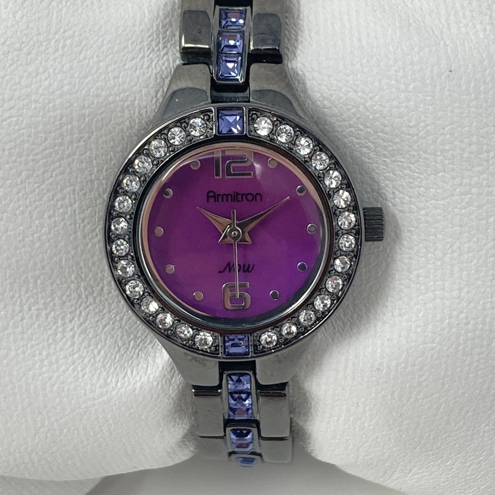 Armitron Now Womens Watch 22mm Black Purple MOP Crystals New Battery TINY 5.5"
